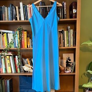 A New Day. Iridescent blue bias cut midi dress ✨